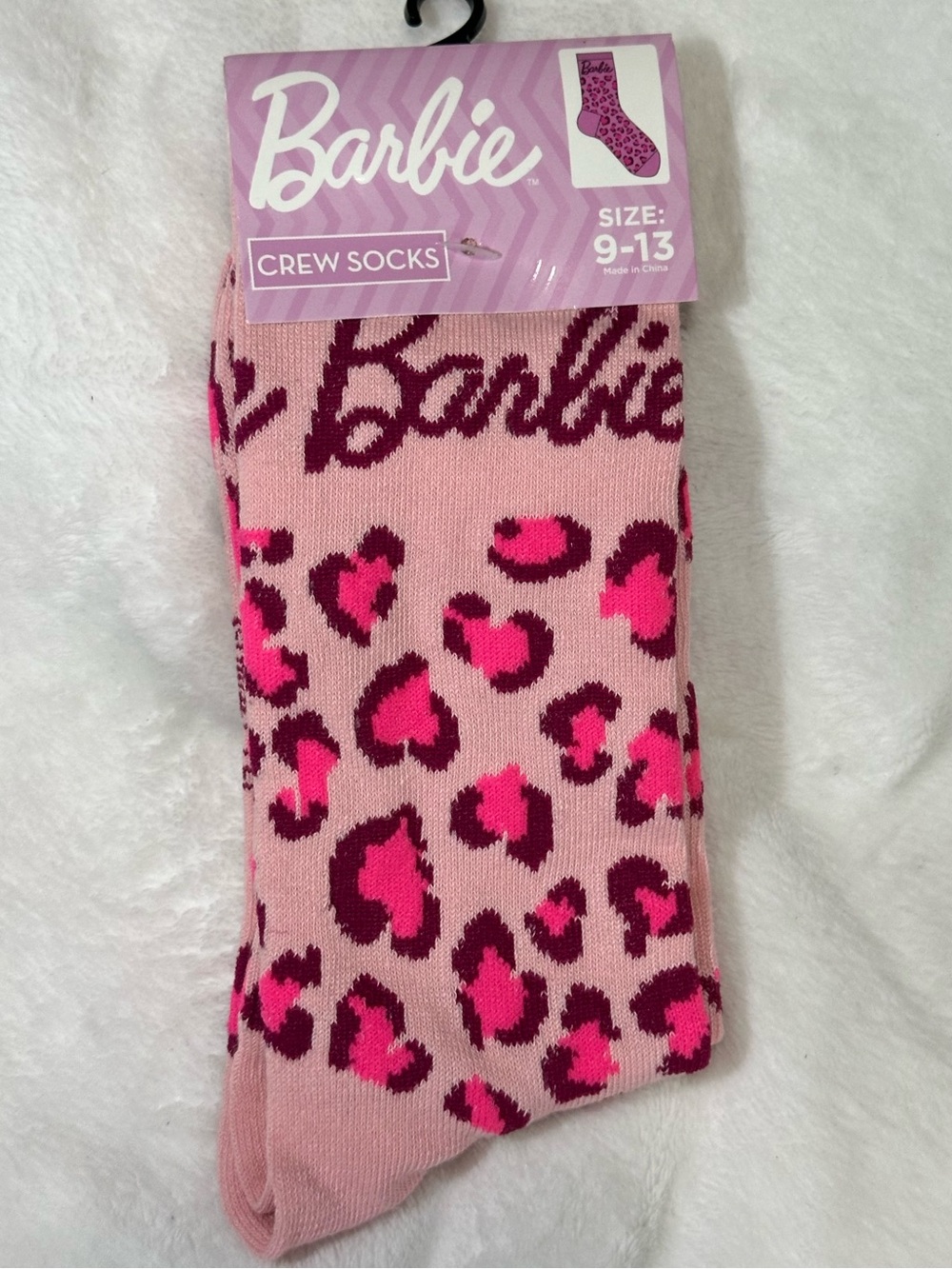 Barbie Pink Cheetah Heart Print Crew Socks Size 9-13 Logo